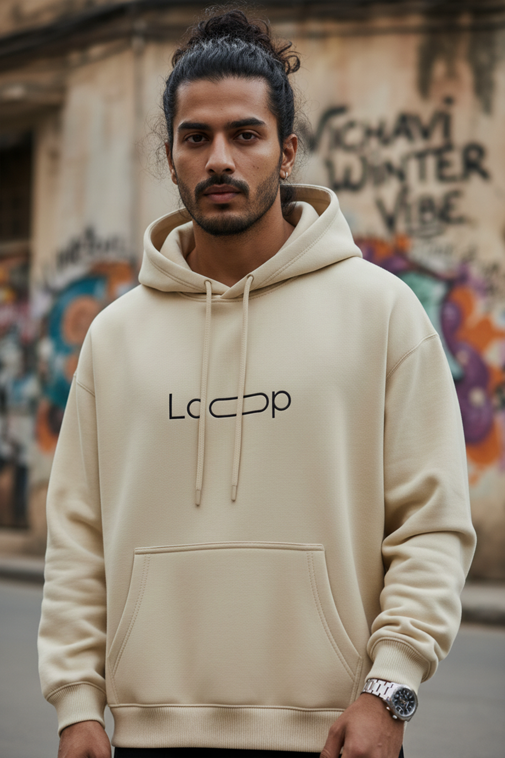 Minimal Loop Text Hoodie — Cream