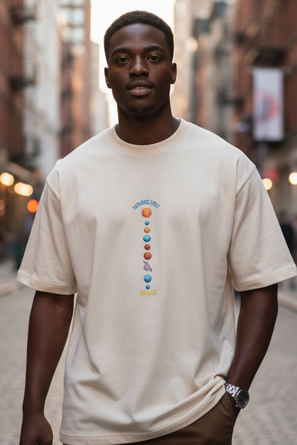 Cream Orbit Line Graphic Oversized Tee