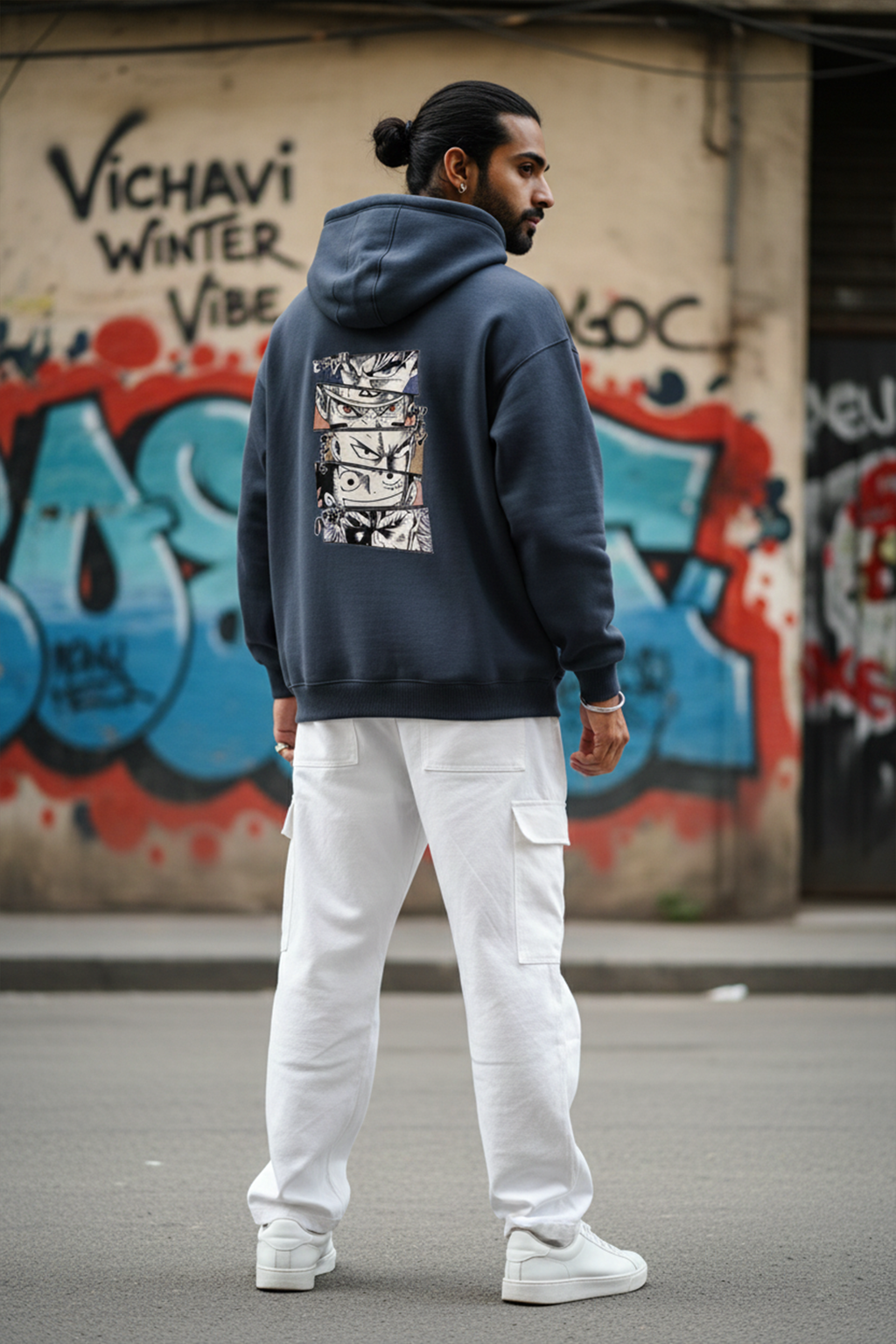 Manga Back Print Hoodie — Navy Blue