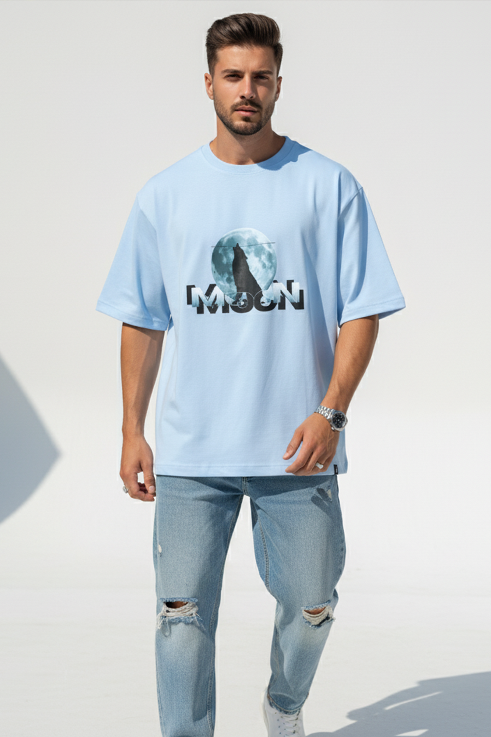 Wolf & Moon Graphic Oversized Tee | Blue