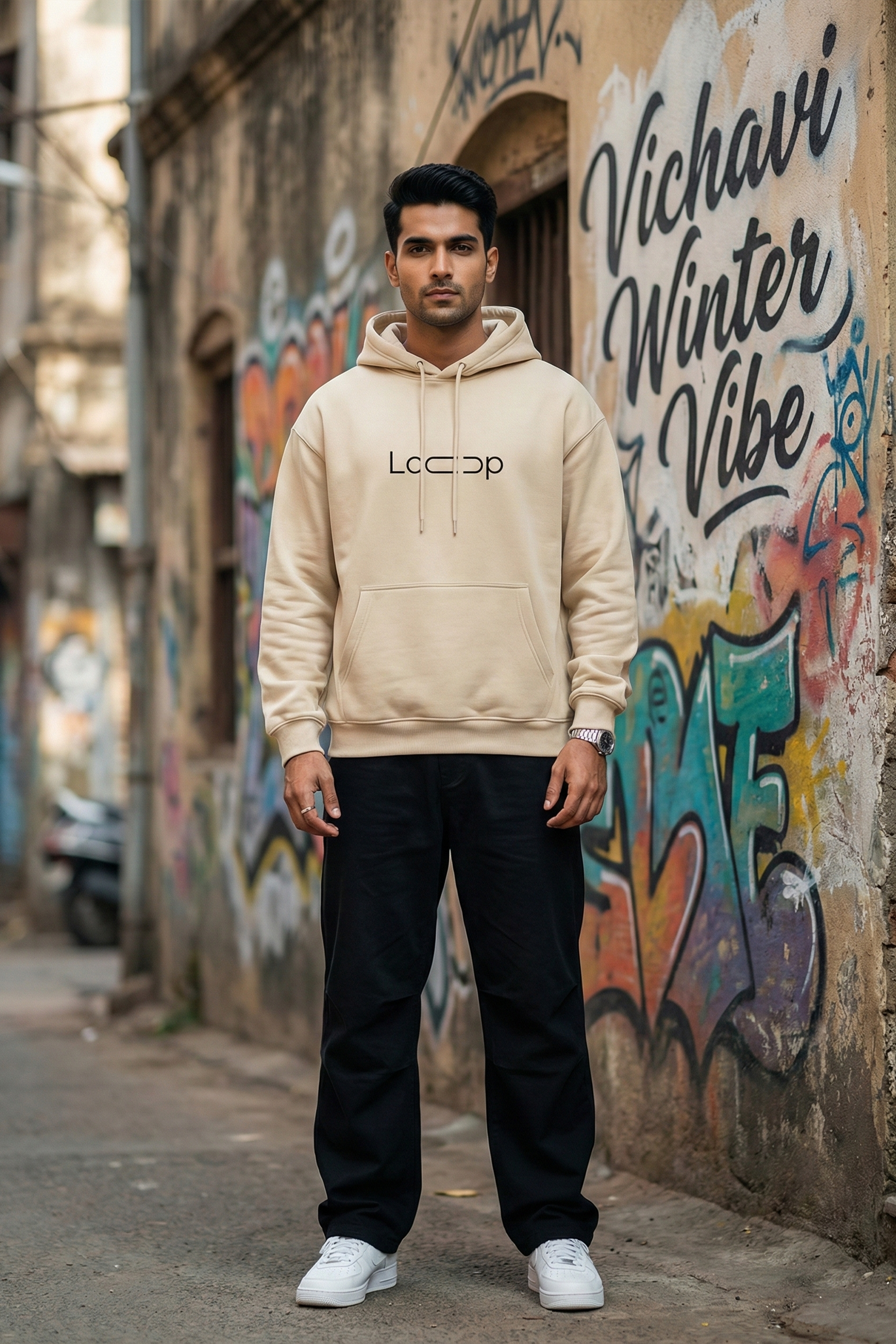 Minimal Loop Text Hoodie — Cream