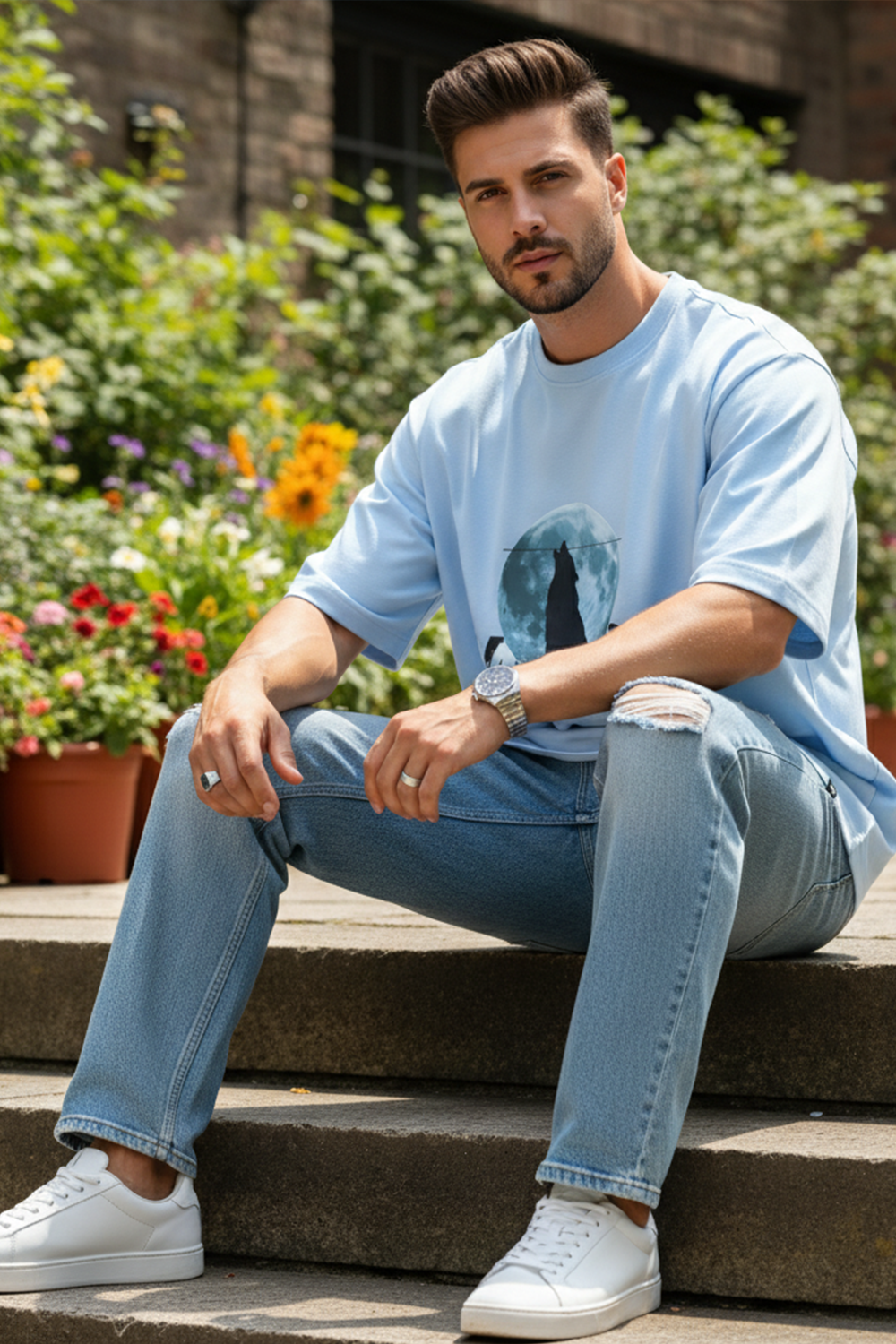 Wolf & Moon Graphic Oversized Tee | Blue