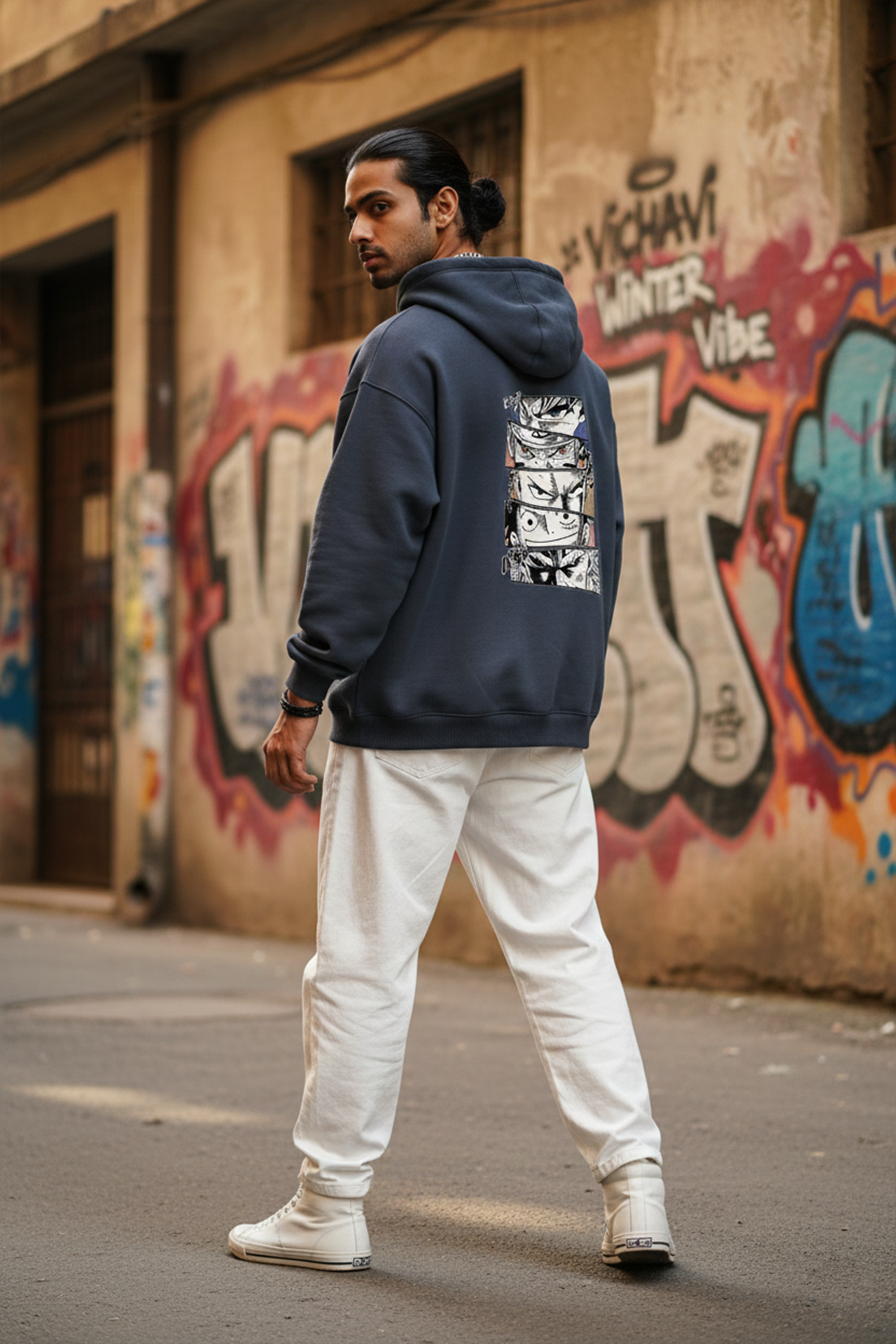 Manga Back Print Hoodie — Navy Blue
