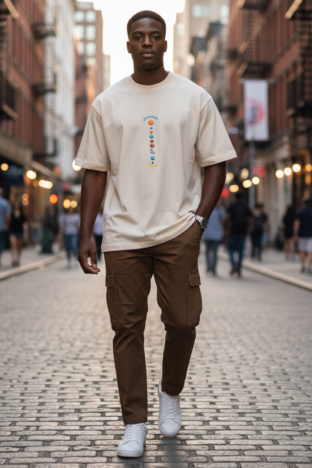 Cream Orbit Line Graphic Oversized Tee