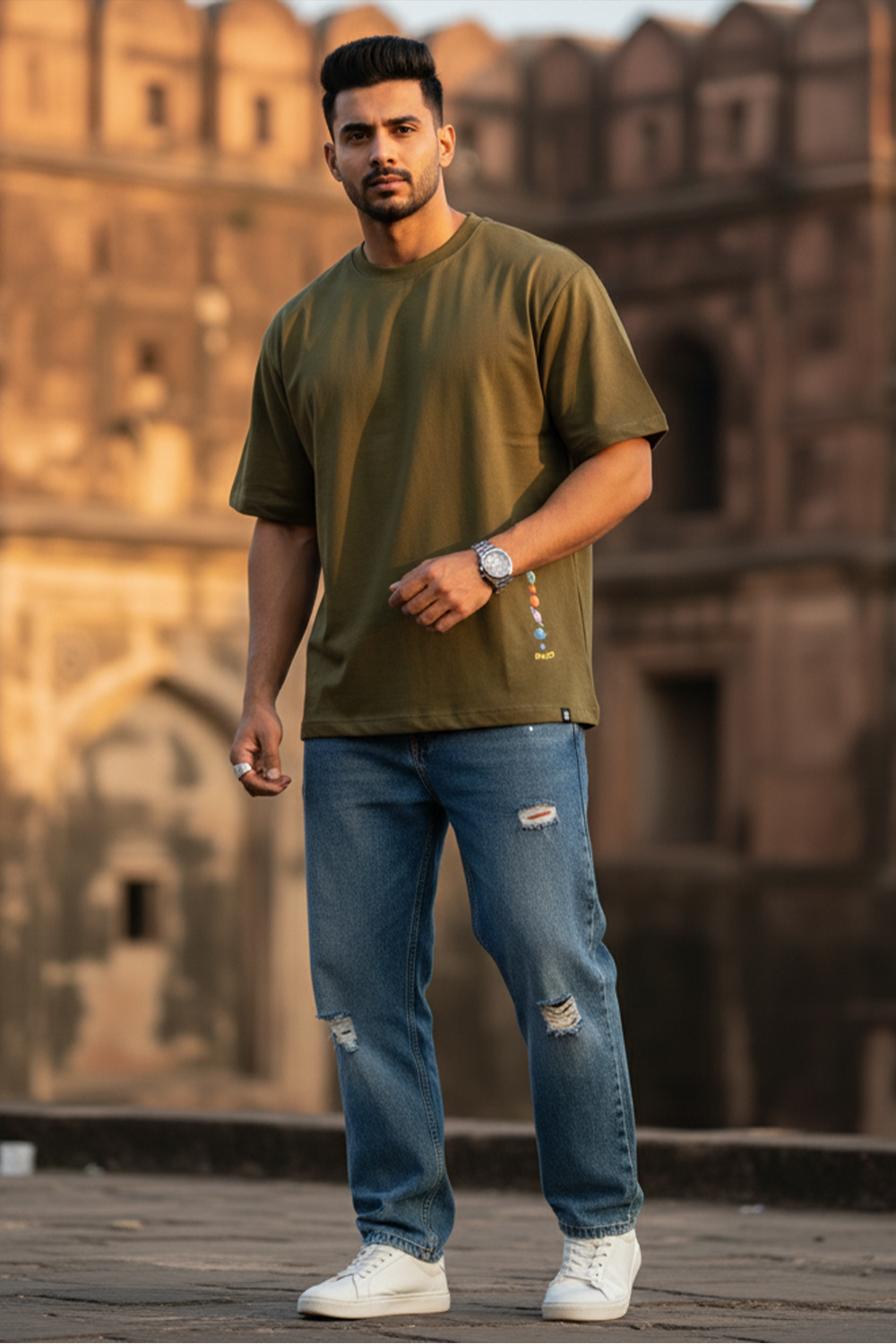 Orbit Line Graphic Oversized Tee | Olive Green