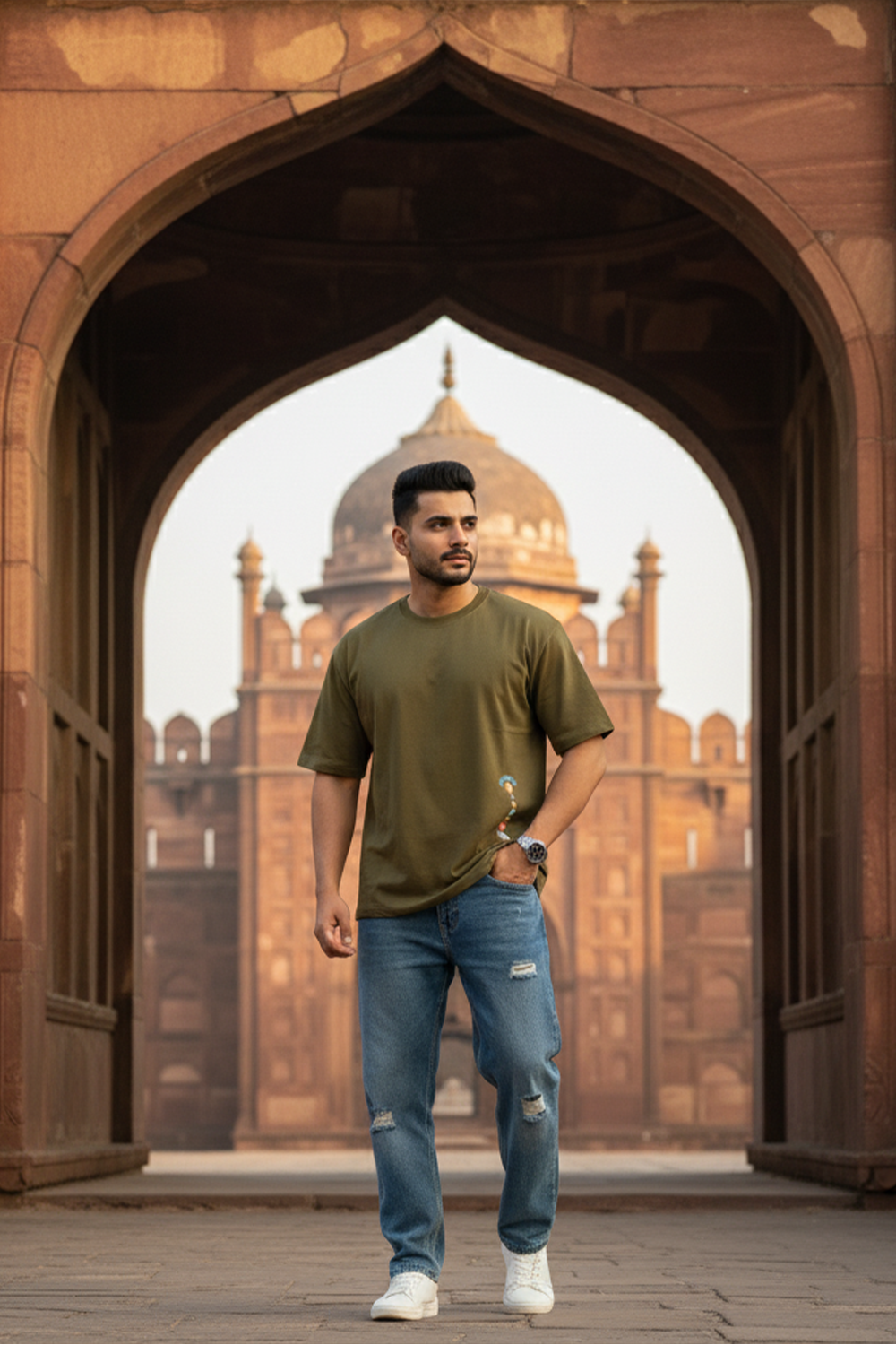 Orbit Line Graphic Oversized Tee | Olive Green