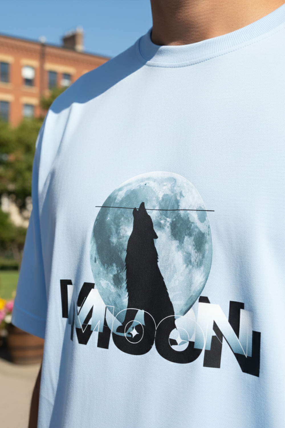 Wolf & Moon Graphic Oversized Tee | Blue