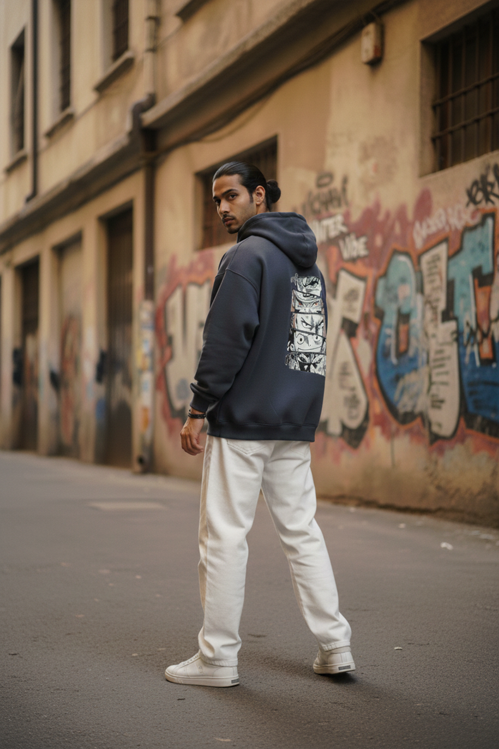 Manga Back Print Hoodie — Navy Blue