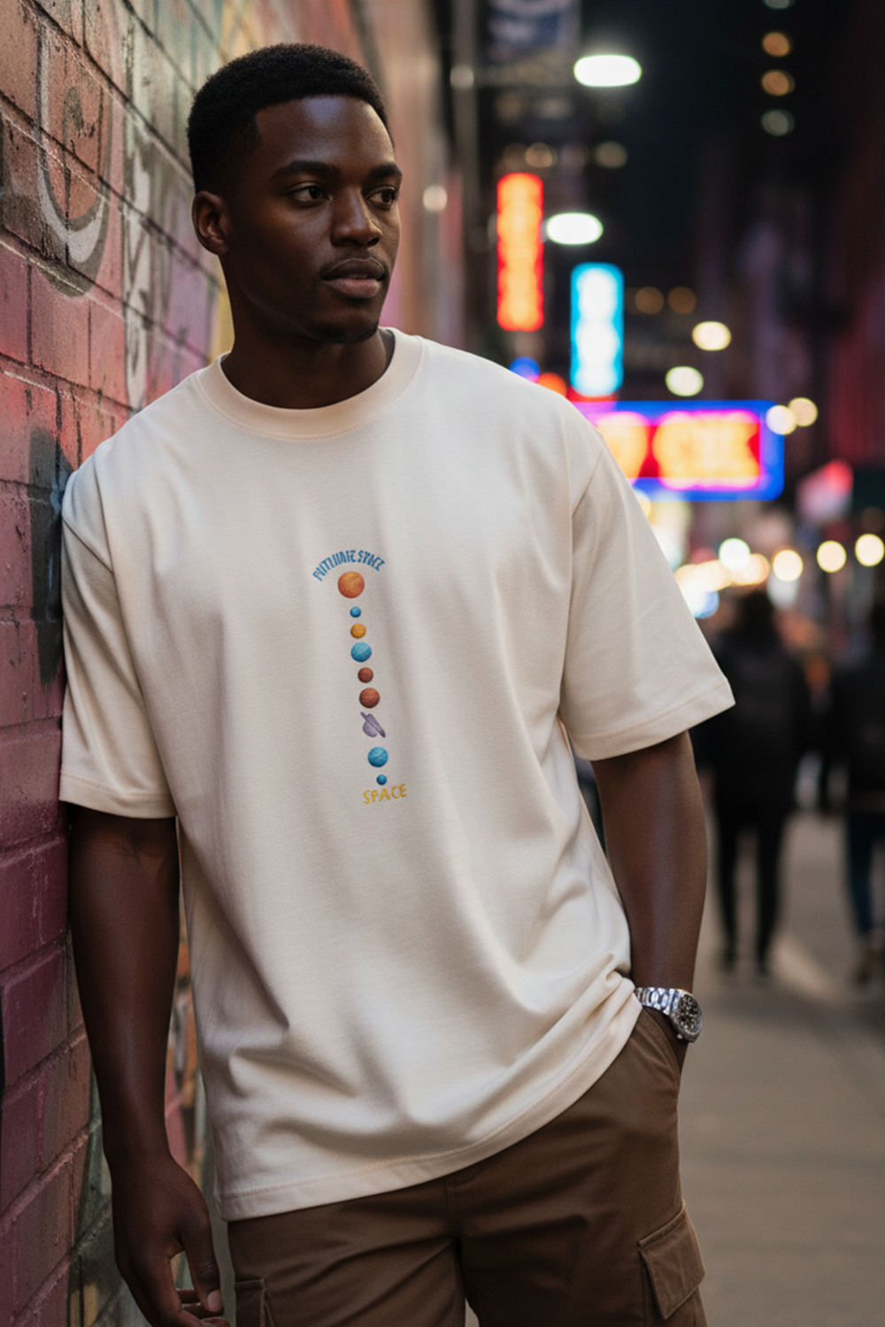 Cream Orbit Line Graphic Oversized Tee