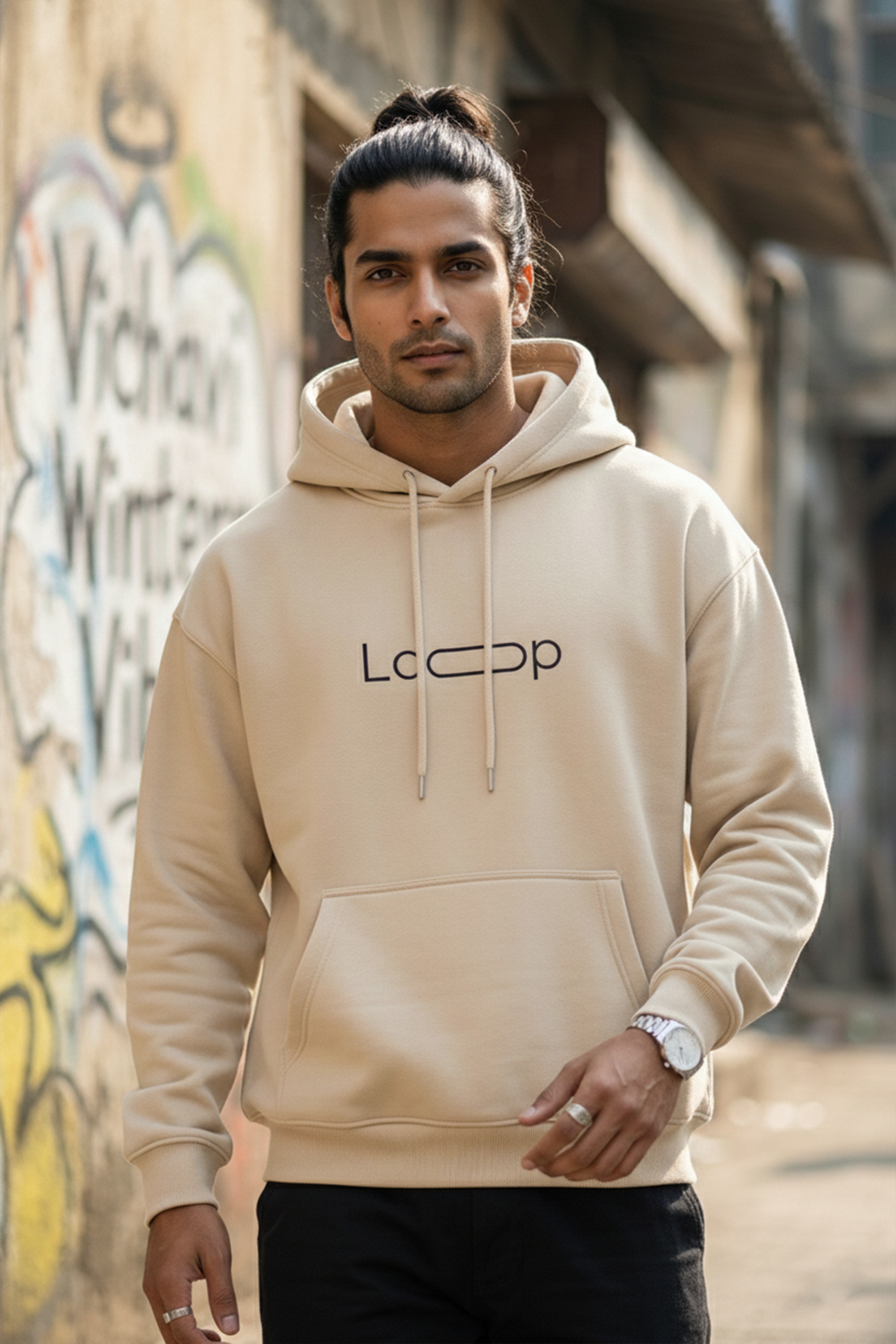 Minimal Loop Text Hoodie — Cream