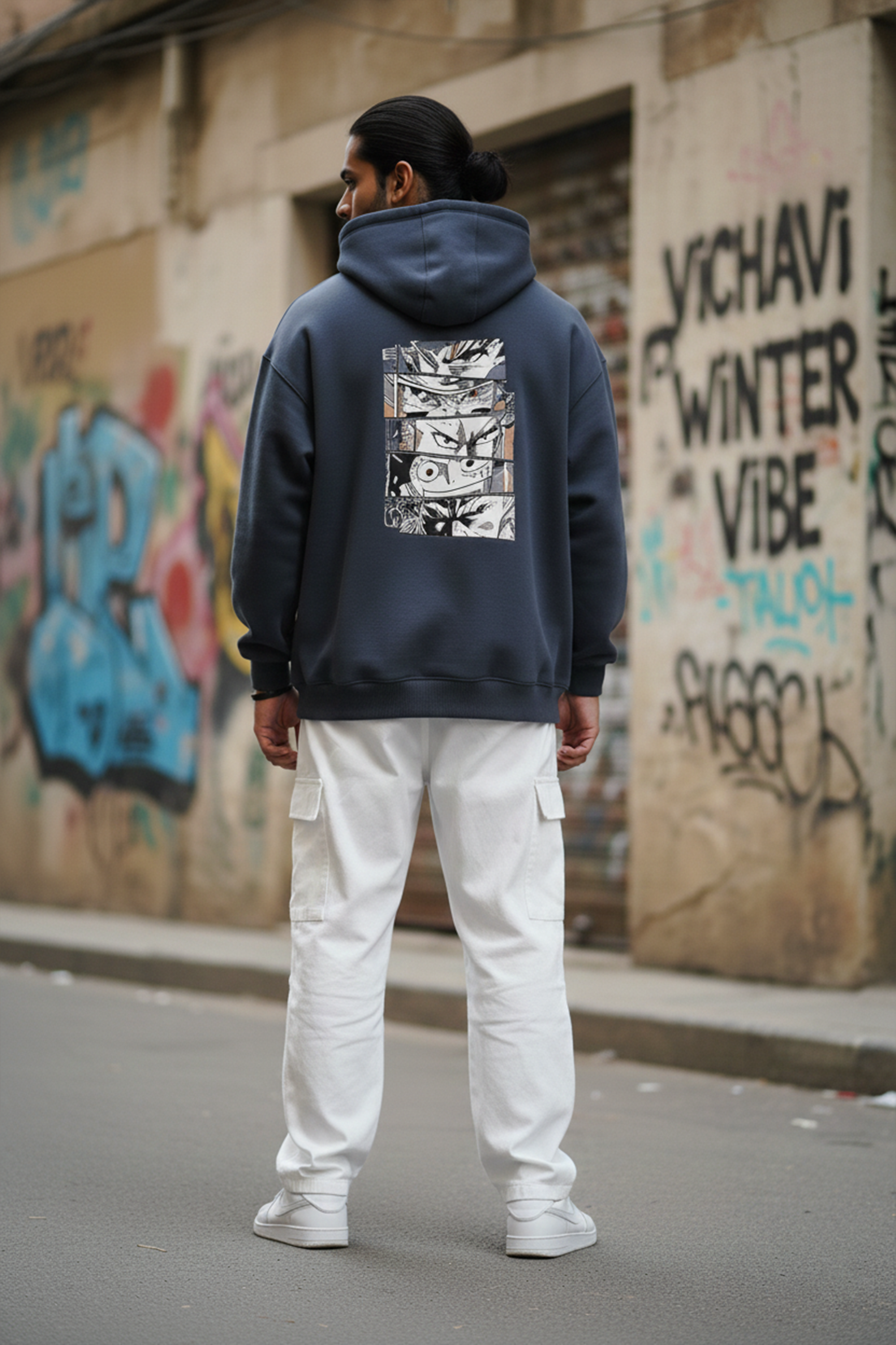 Manga Back Print Hoodie — Navy Blue