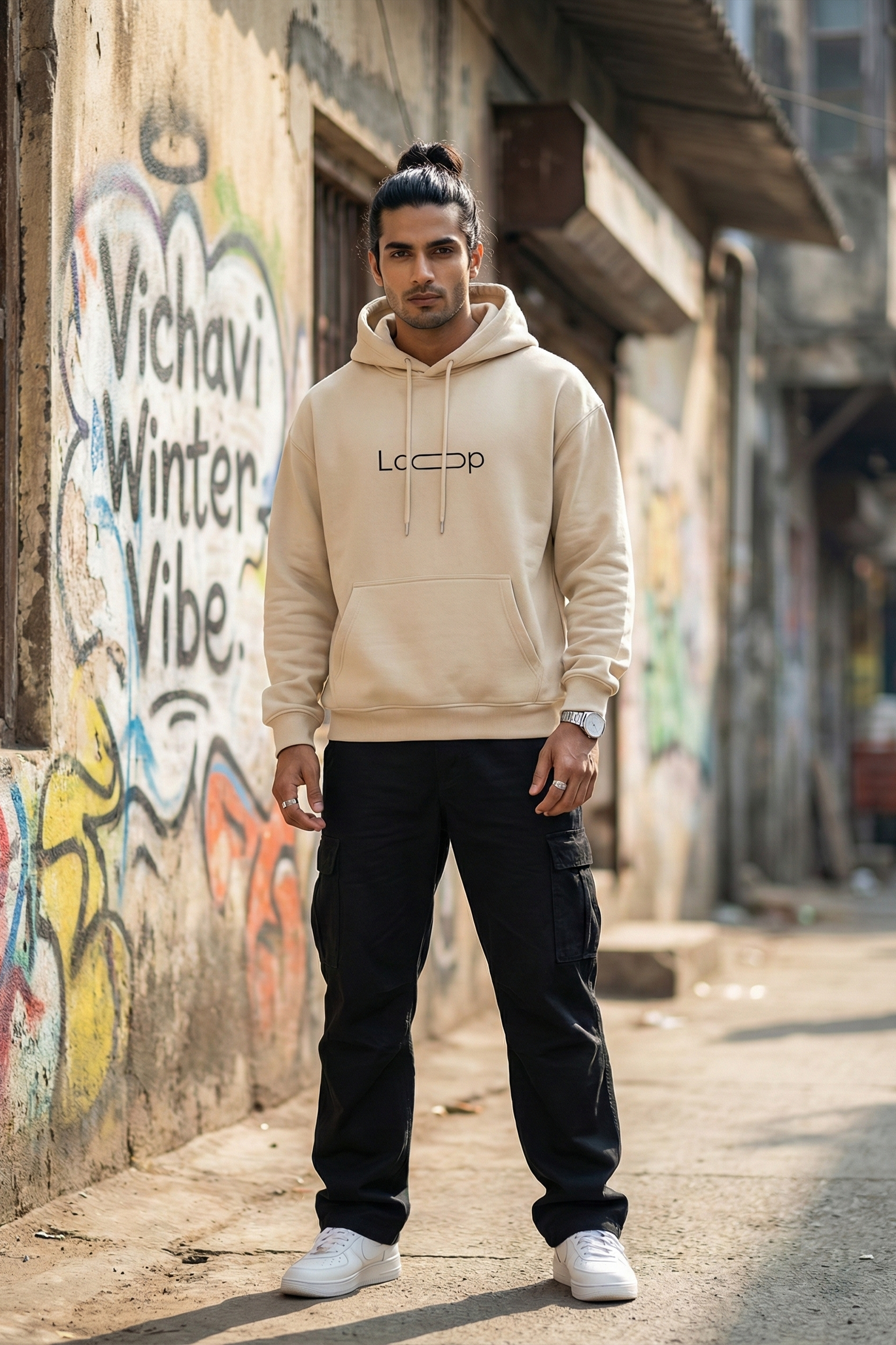 Minimal Loop Text Hoodie — Cream