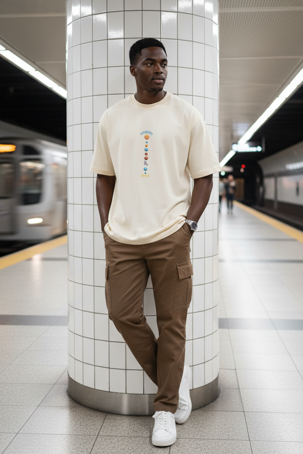 Cream Orbit Line Graphic Oversized Tee