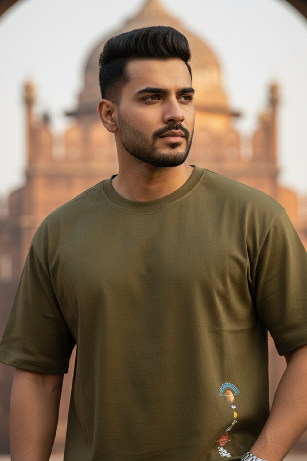 Orbit Line Graphic Oversized Tee | Olive Green