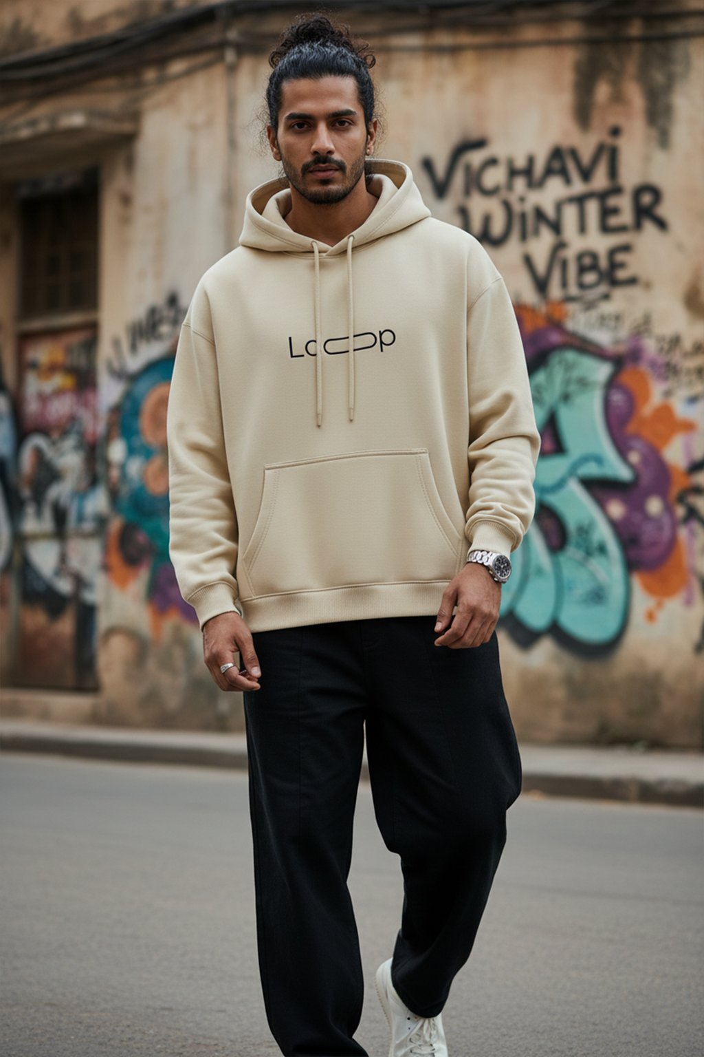 Minimal Loop Text Hoodie — Cream
