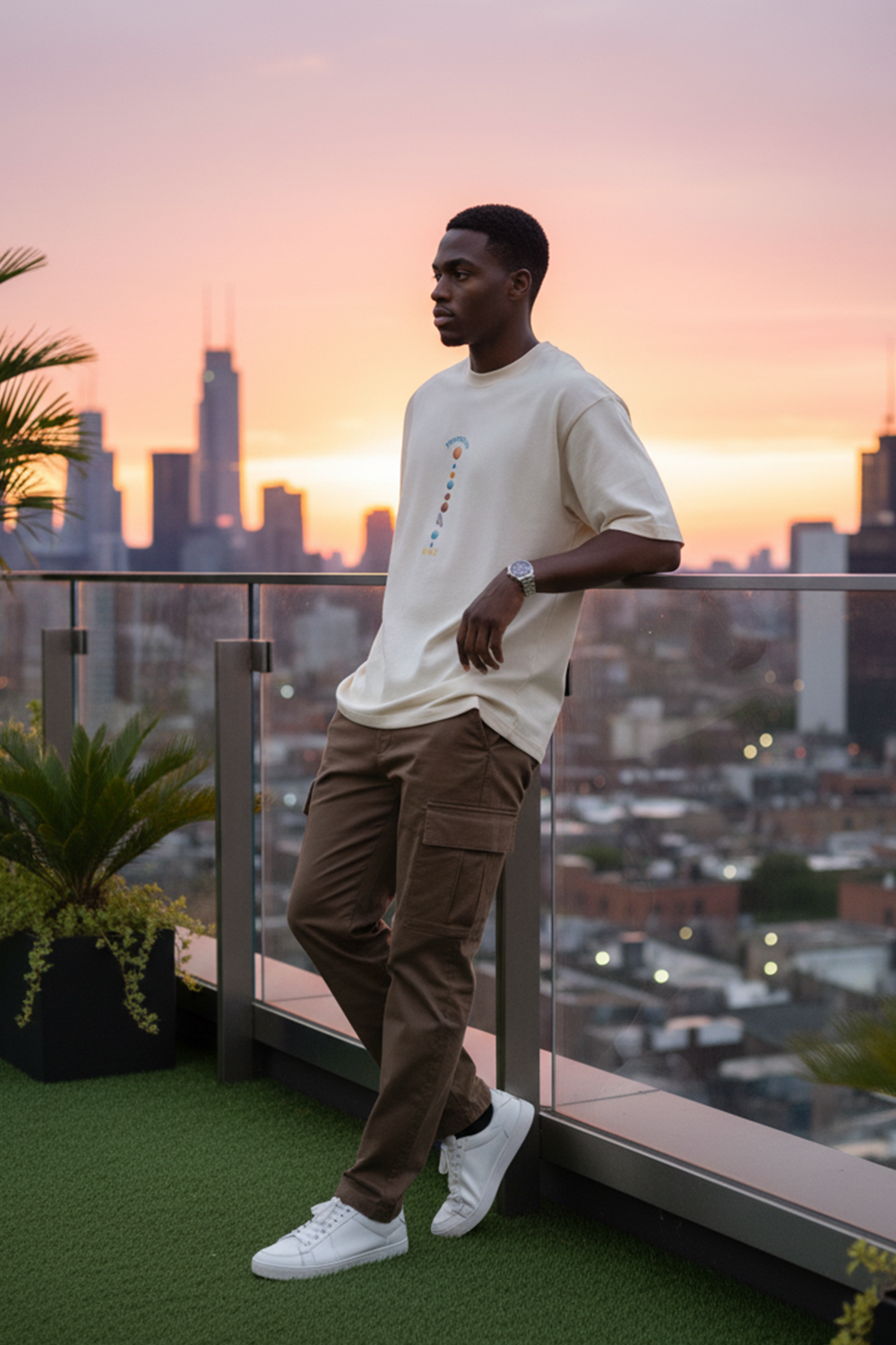 Cream Orbit Line Graphic Oversized Tee