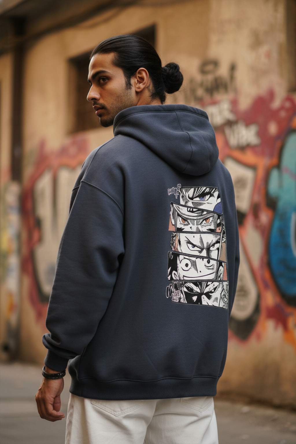 Manga Back Print Hoodie — Navy Blue