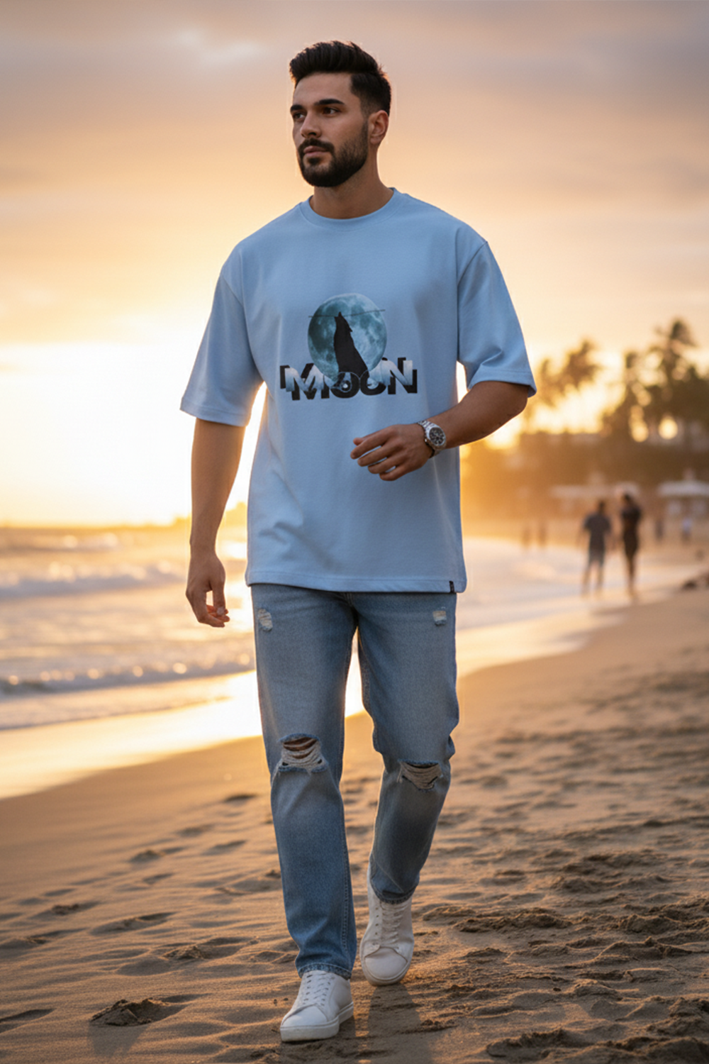 Wolf & Moon Graphic Oversized Tee | Blue