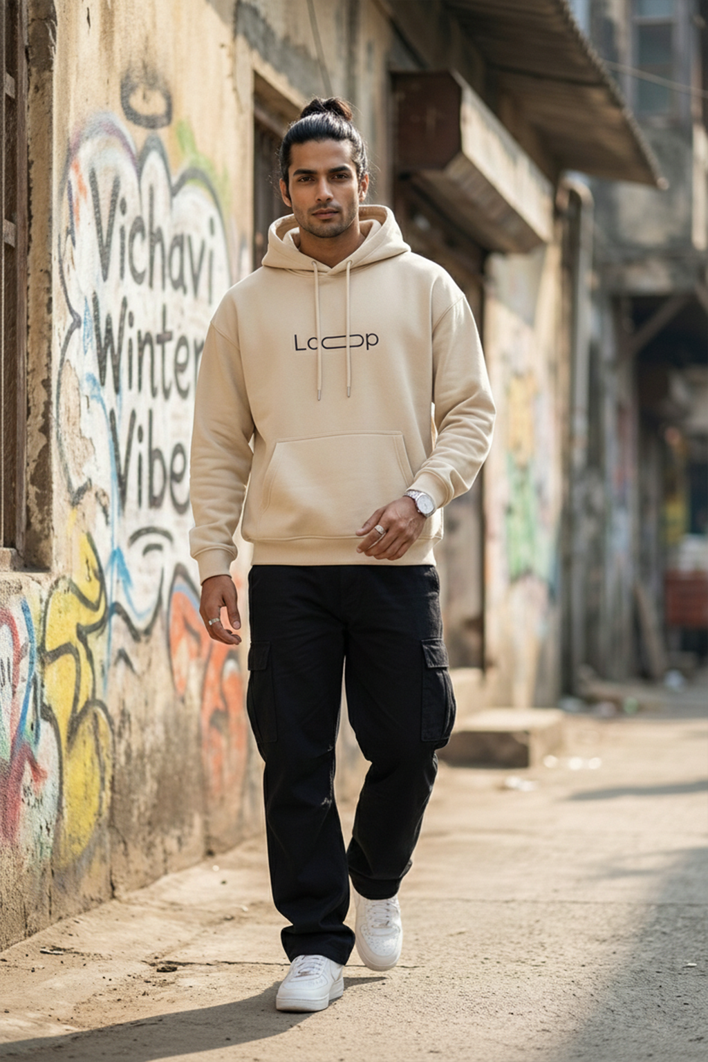 Minimal Loop Text Hoodie — Cream