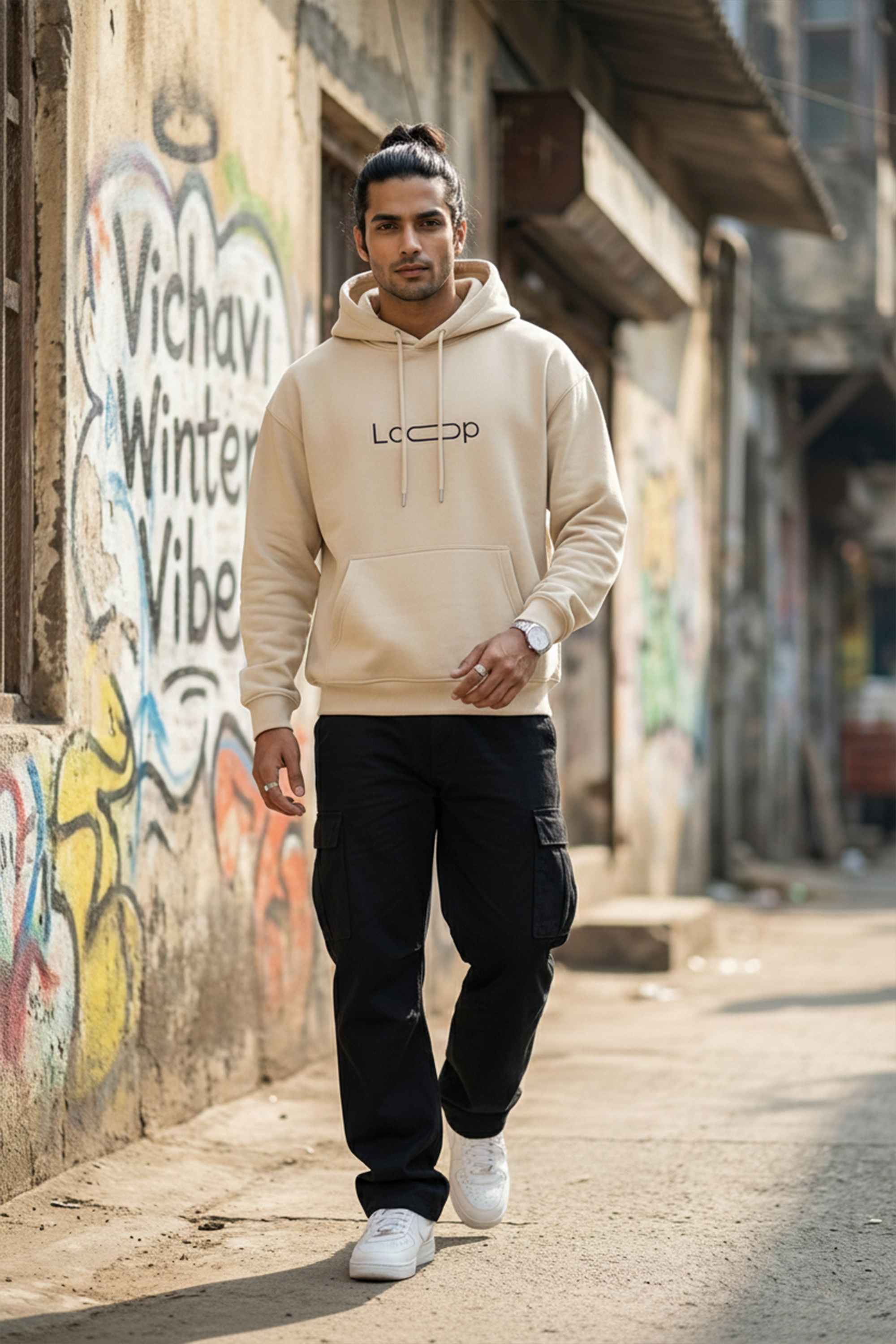 Minimal Loop Text Hoodie — Cream