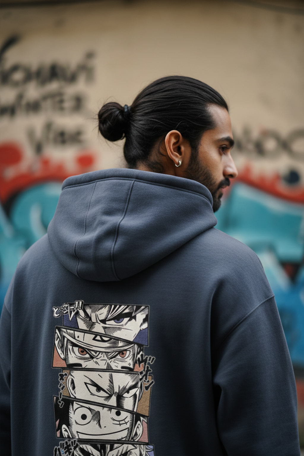 Manga Back Print Hoodie — Navy Blue