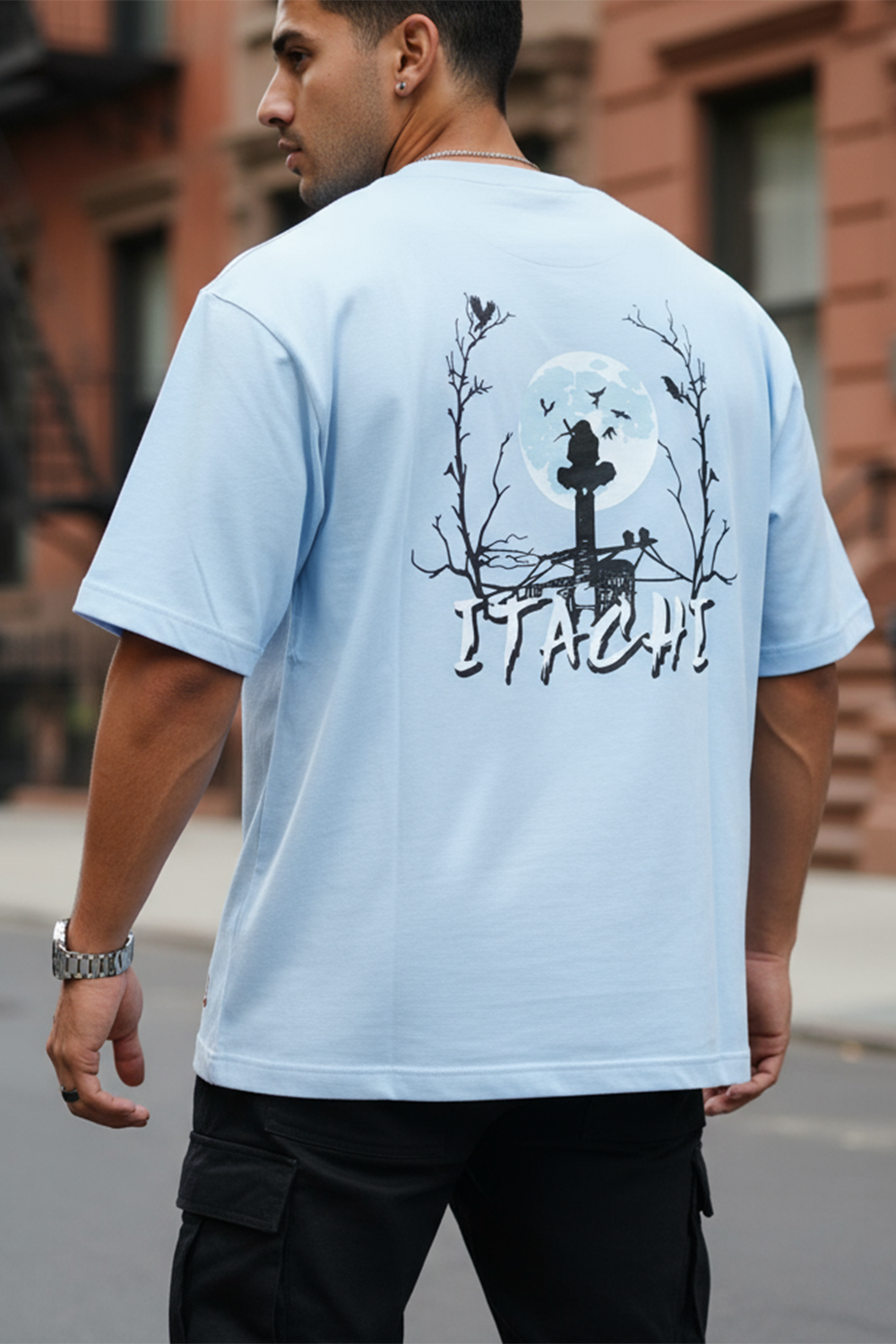 Itachi Nightscape Oversized T‑Shirt | Light Blue