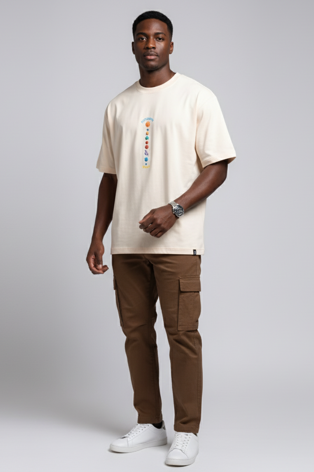 Cream Orbit Line Graphic Oversized Tee