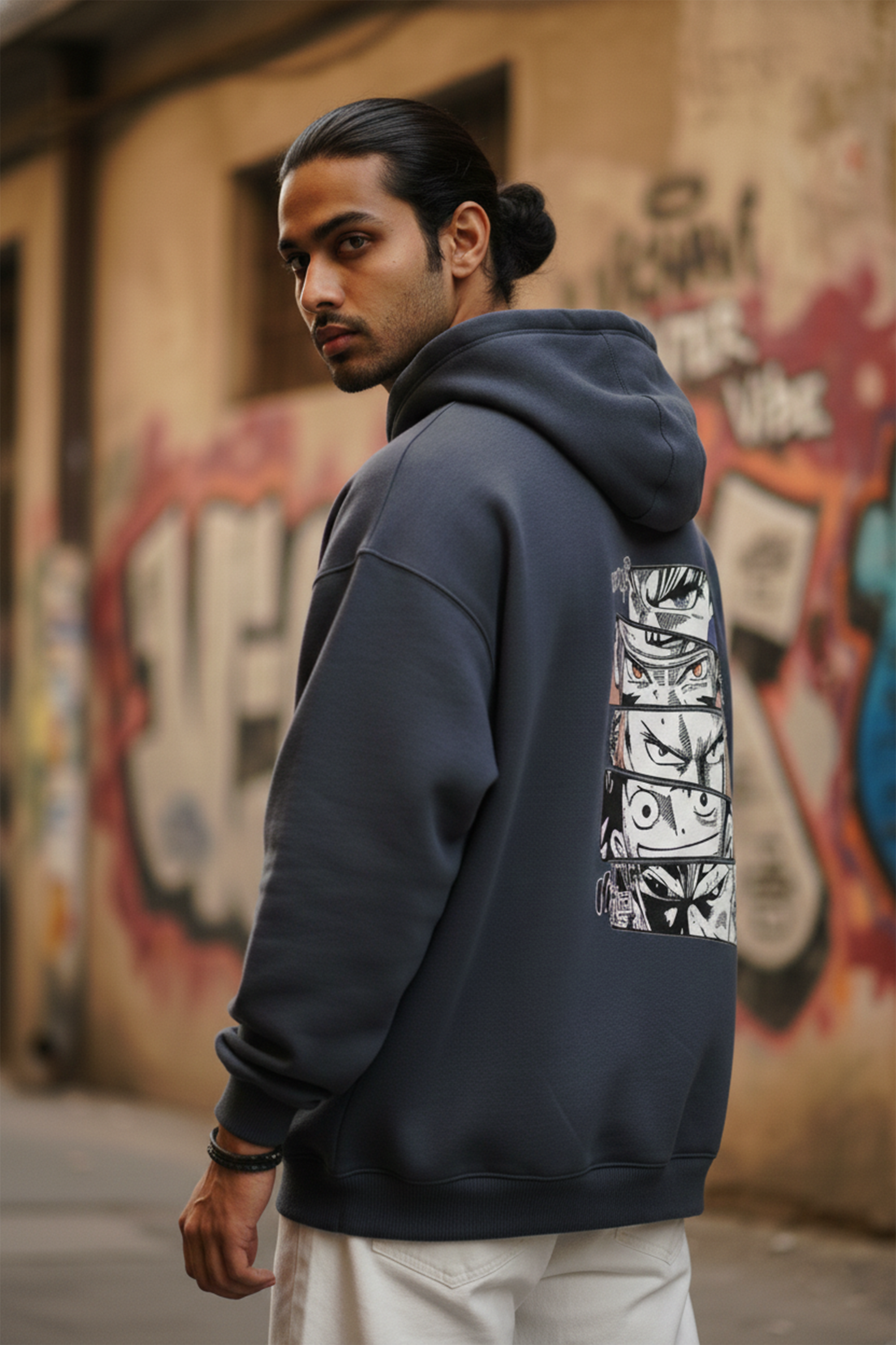 Manga Back Print Hoodie — Navy Blue