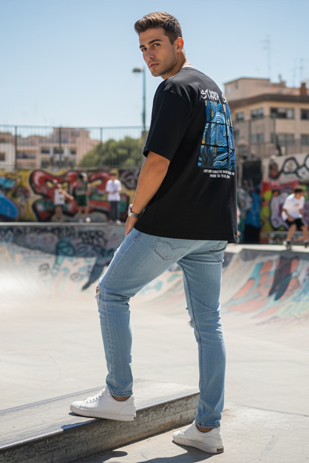 Streetwear Oversized Tee, Tiled Sky Graphic