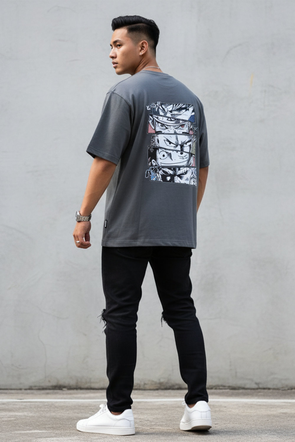 Streetwear Oversized Tee with Anime Panels