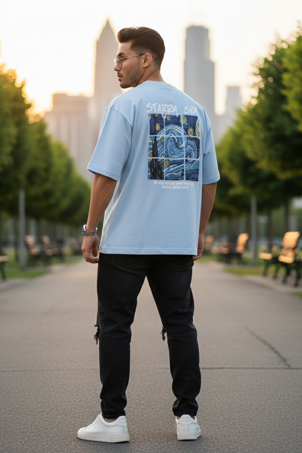 Streetwear Oversized Tee, Tiled Sky Graphic